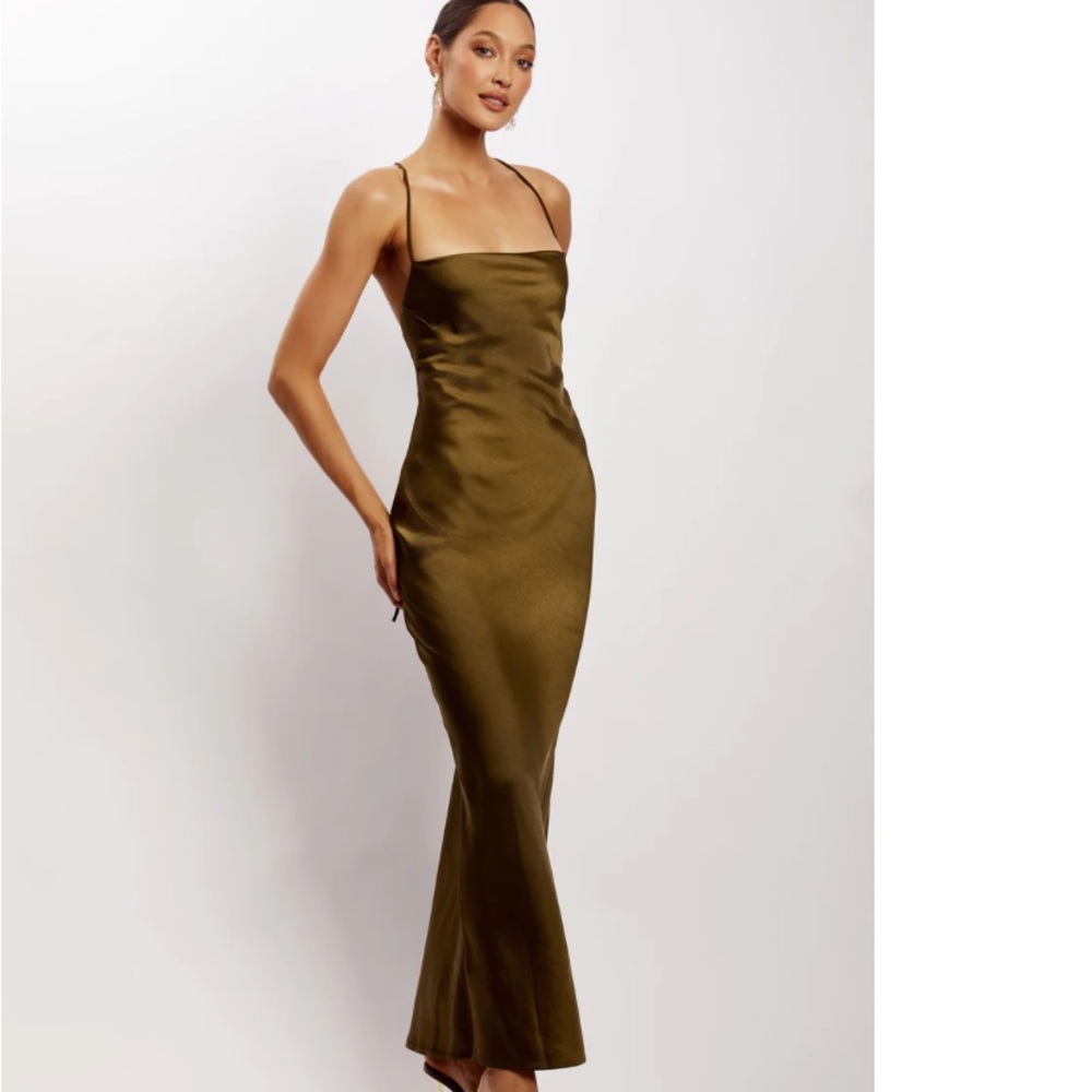 Meshki Sydney Straight Neck Satin Slip Maxi Dress Size Small Khaki Green